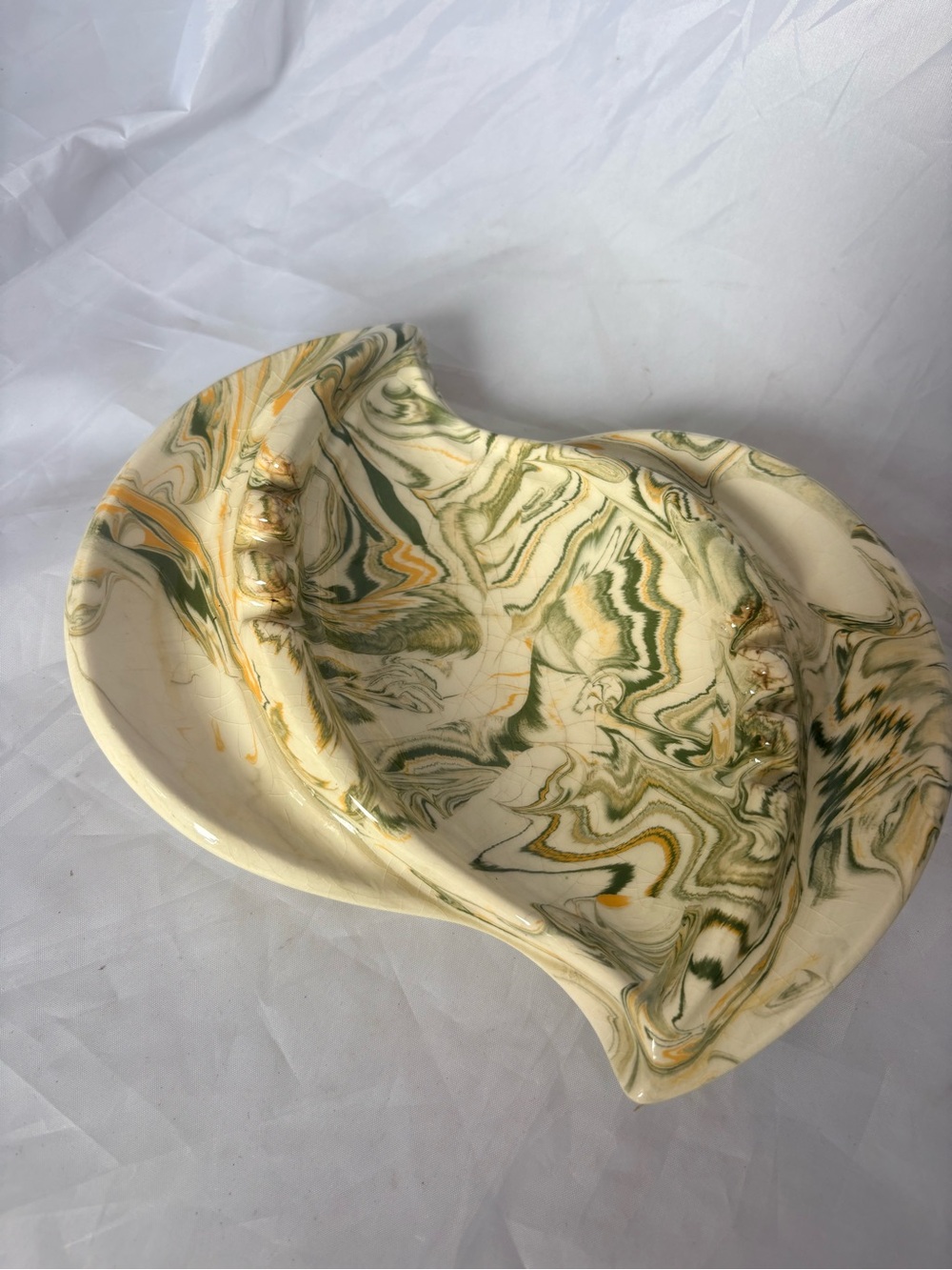 Handmade Marbleized Ceramic Ashtray in Cream, Green and Yellow
